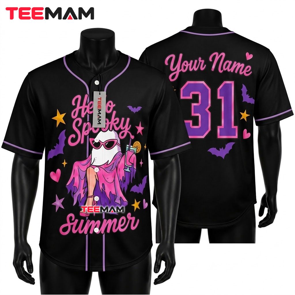 Personalized Ghost Halloween Baseball Jersey Pink Black 1