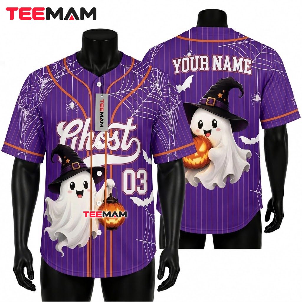 Personalized Ghost Halloween Baseball Jersey Witch Hat Purple 1