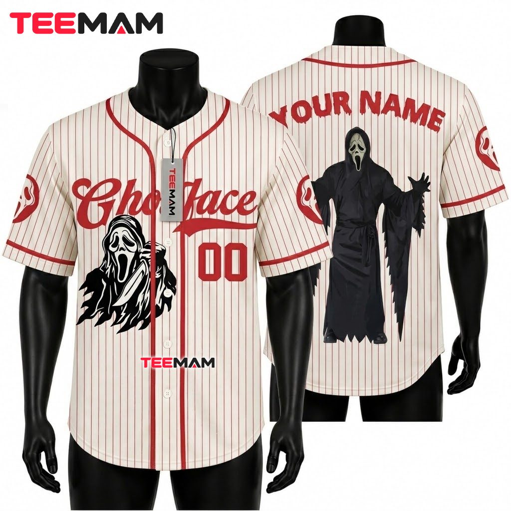 Personalized Ghostface Baseball Jersey Halloween Red White 1
