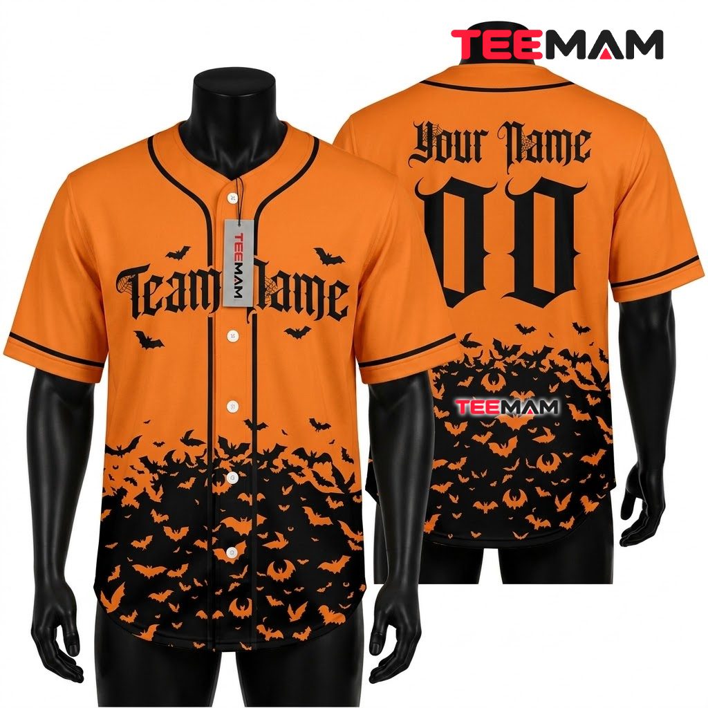 Personalized Halloween Baseball Jersey Bat Swarm Orange Black 1