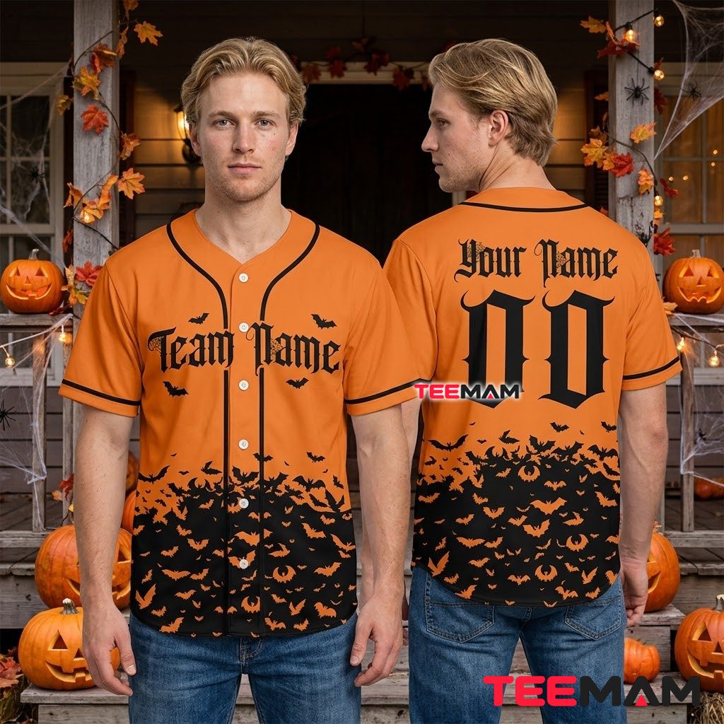 Personalized Halloween Baseball Jersey Bat Swarm Orange Black 2 Personalized Halloween Baseball Jersey Bat Swarm Orange Black 2