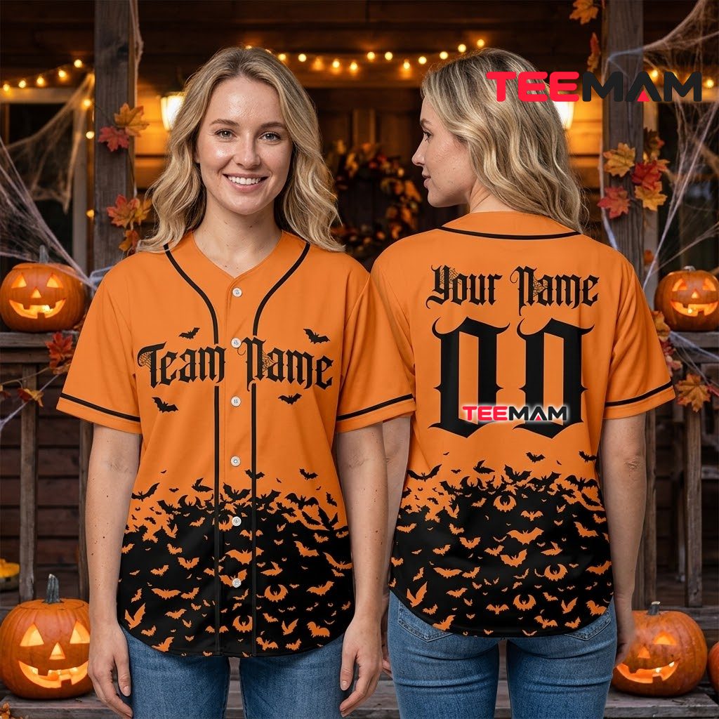 Personalized Halloween Baseball Jersey Bat Swarm Orange Black 3 Personalized Halloween Baseball Jersey Bat Swarm Orange Black 3