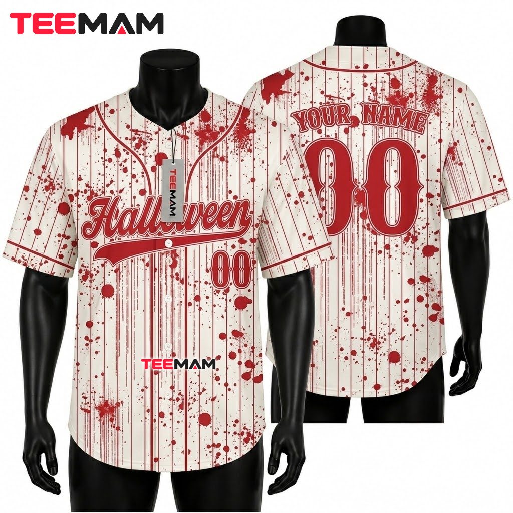 Personalized Halloween Baseball Jersey Blood Splatter White 1