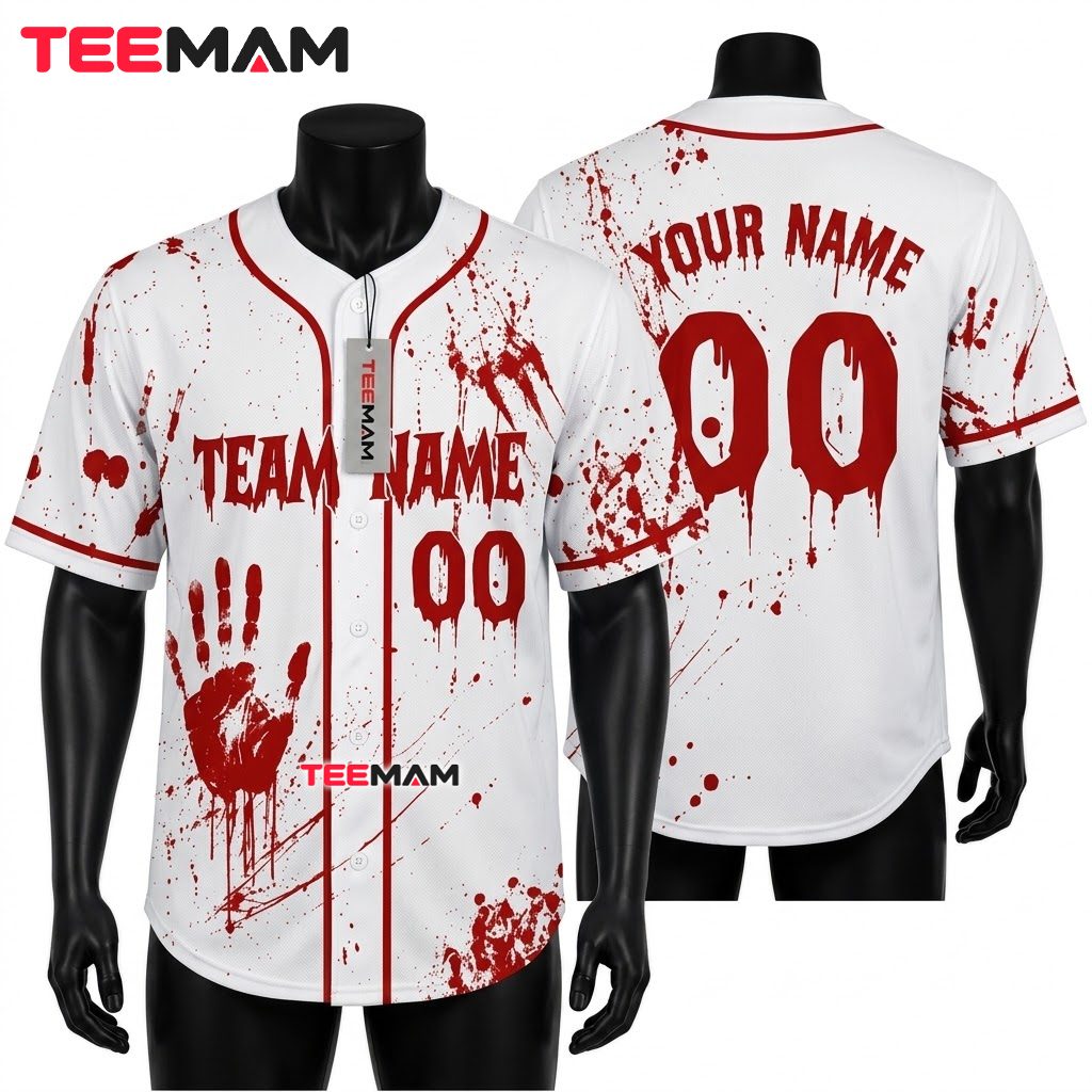 Personalized Halloween Baseball Jersey Bloody Handprint White Red 1