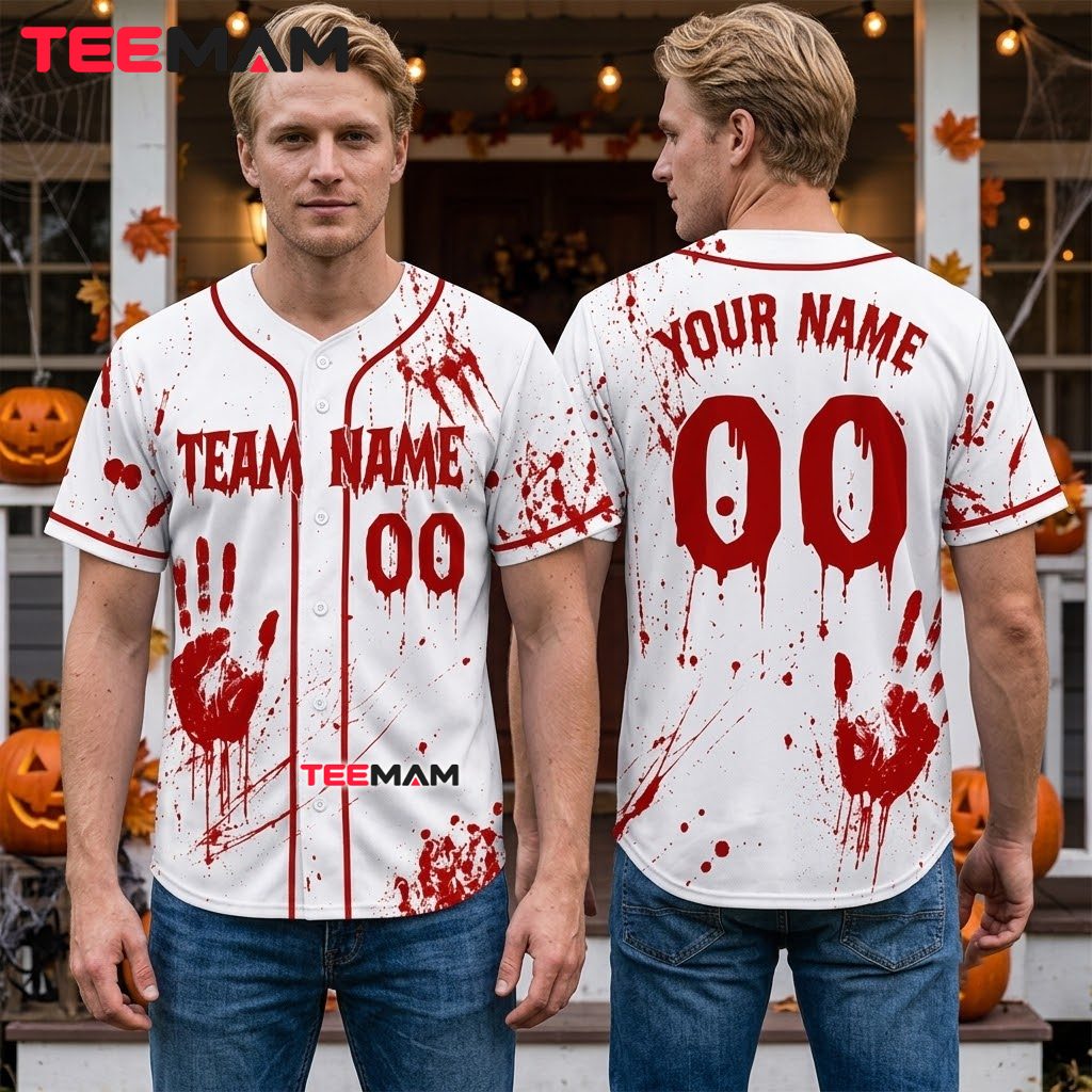 Personalized Halloween Baseball Jersey Bloody Handprint White Red 2 Personalized Halloween Baseball Jersey Bloody Handprint White Red 2