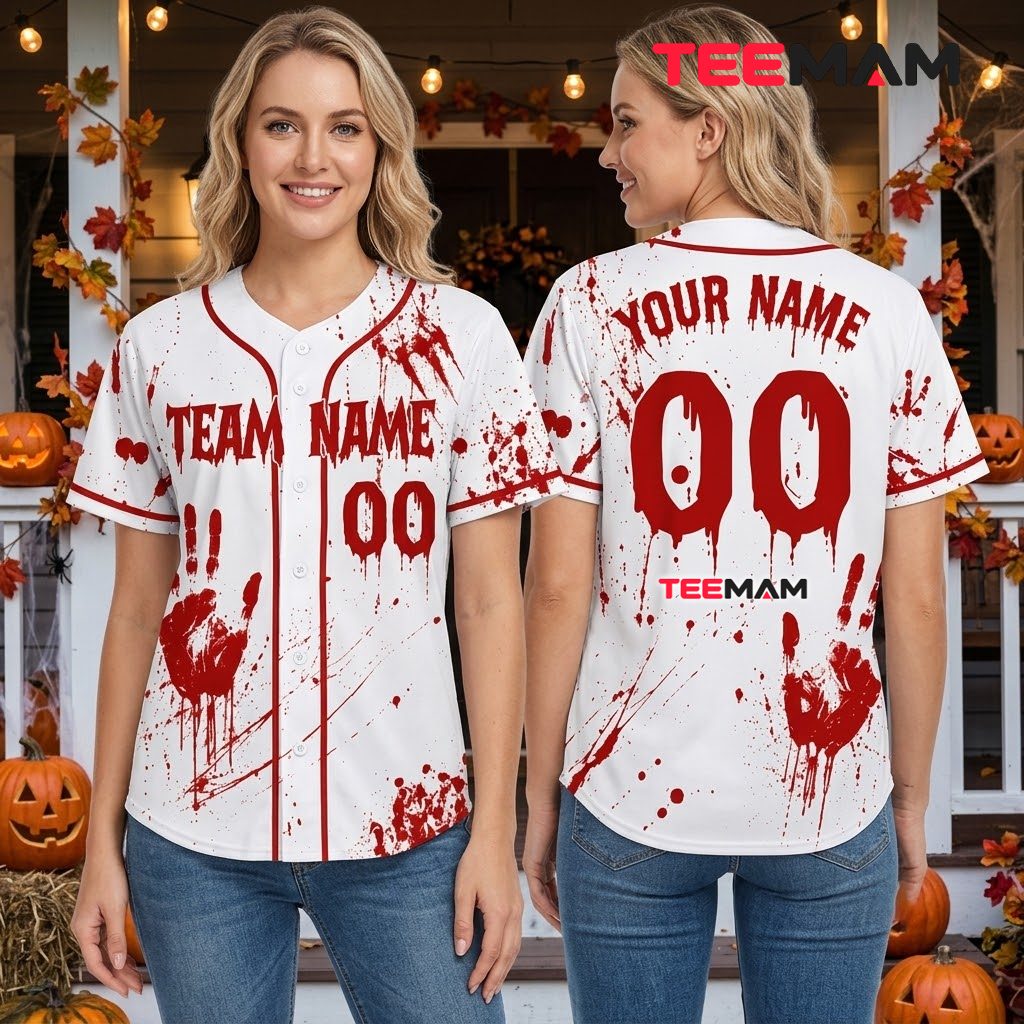 Personalized Halloween Baseball Jersey Bloody Handprint White Red 3 Personalized Halloween Baseball Jersey Bloody Handprint White Red 3