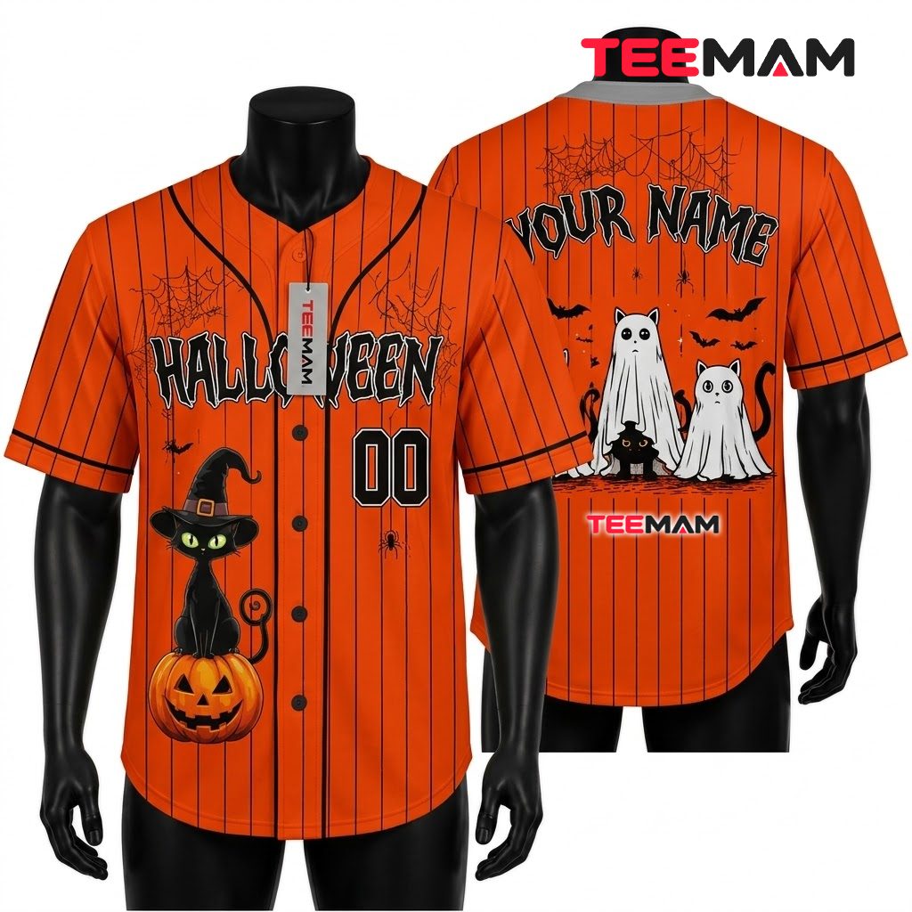 Personalized Halloween Baseball Jersey Ghost Cats 1