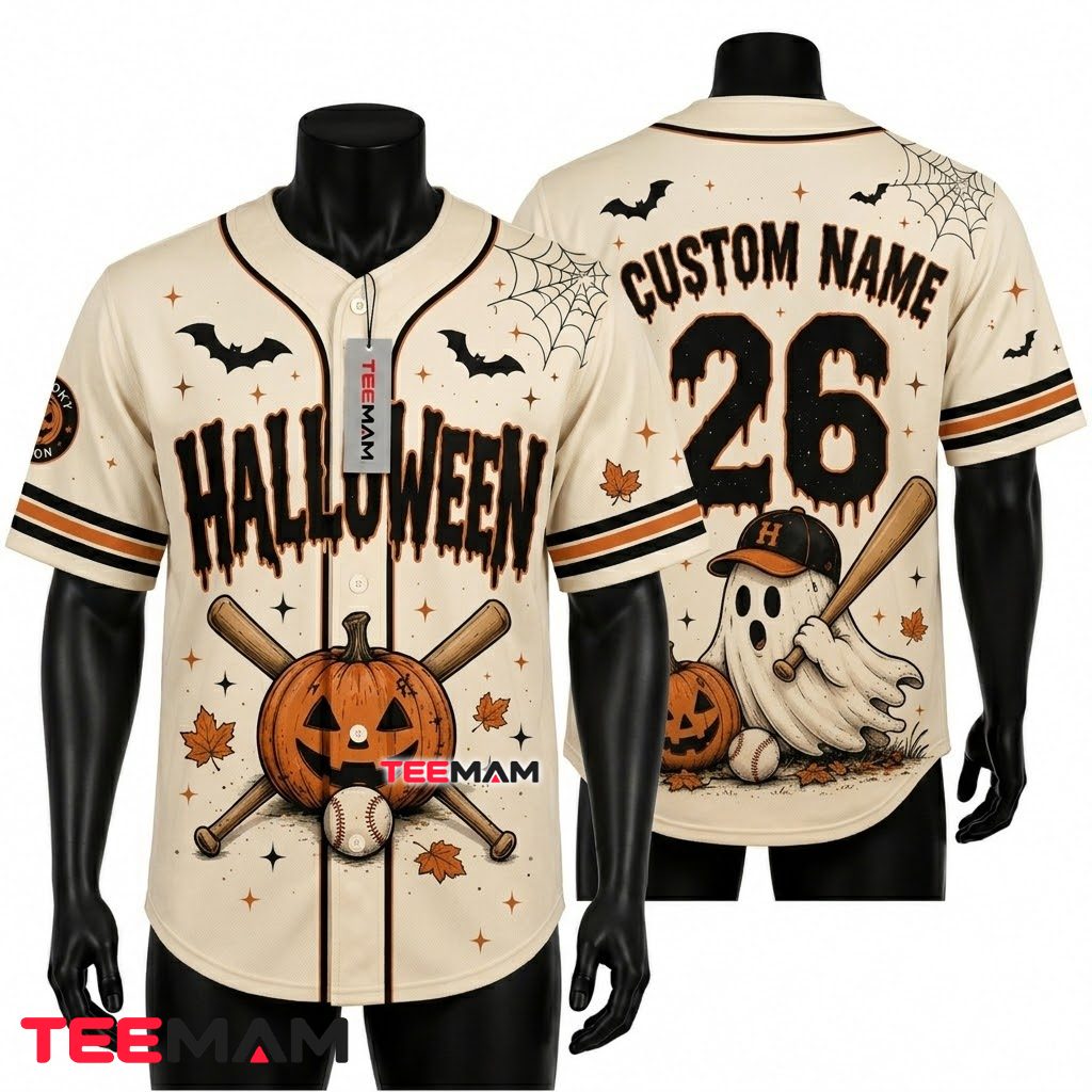 Personalized Halloween Baseball Jersey Ghost Pumpkin Cream 1