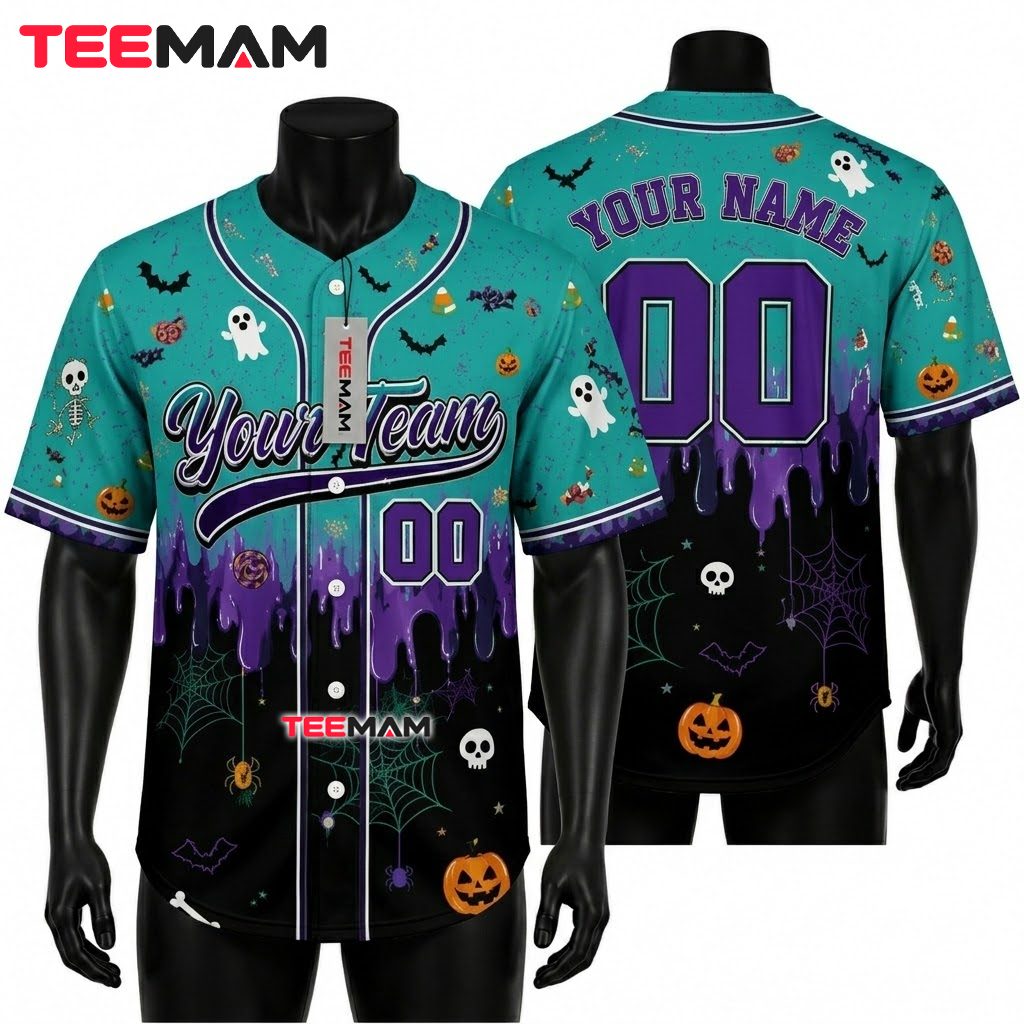 Personalized Halloween Baseball Jersey Ghost Skull Teal Purple 1