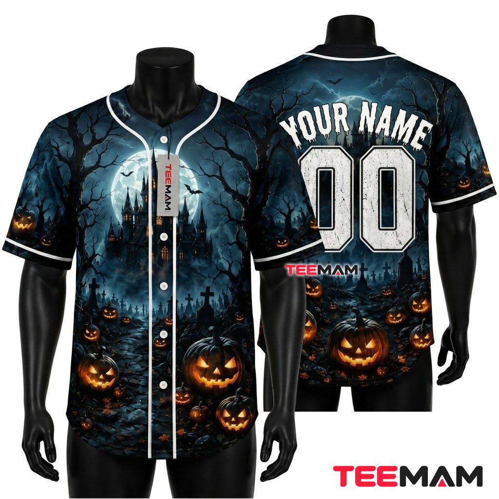 Personalized Halloween Baseball Jersey Haunted Castle Pumpkin Blue 1