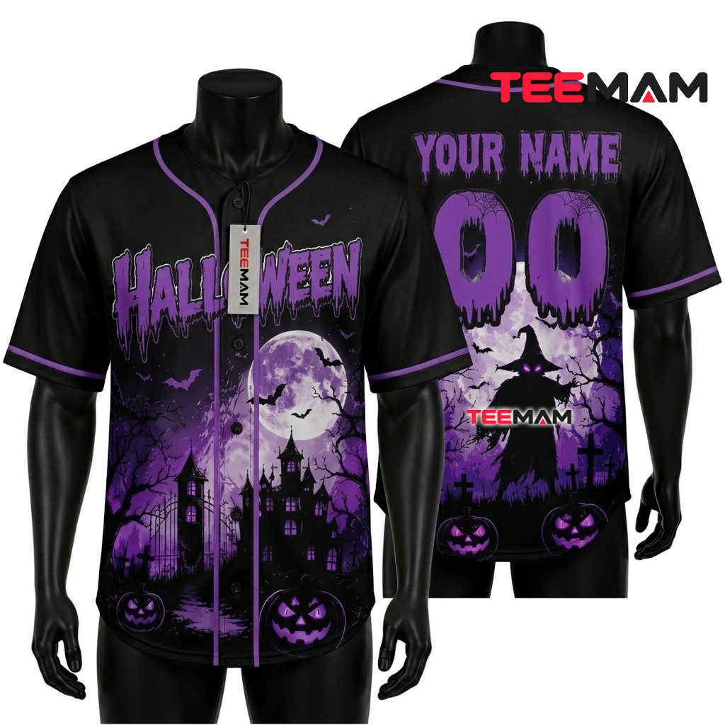 Personalized Halloween Baseball Jersey Haunted House Purple 1