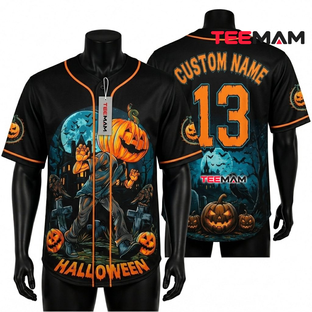 Personalized Halloween Baseball Jersey Pumpkin Head Graveyard 1