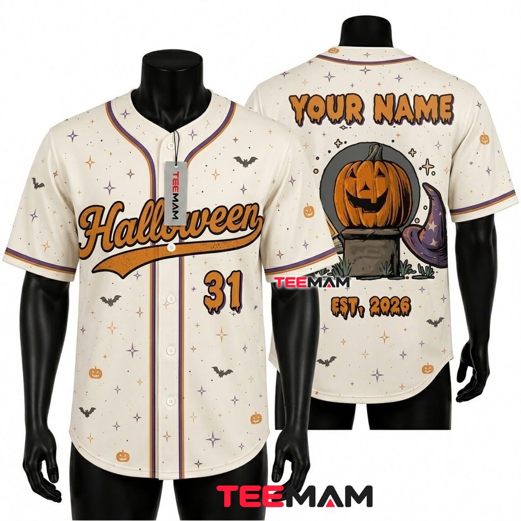 Personalized Halloween Baseball Jersey Pumpkin Witch Hat Cream 1