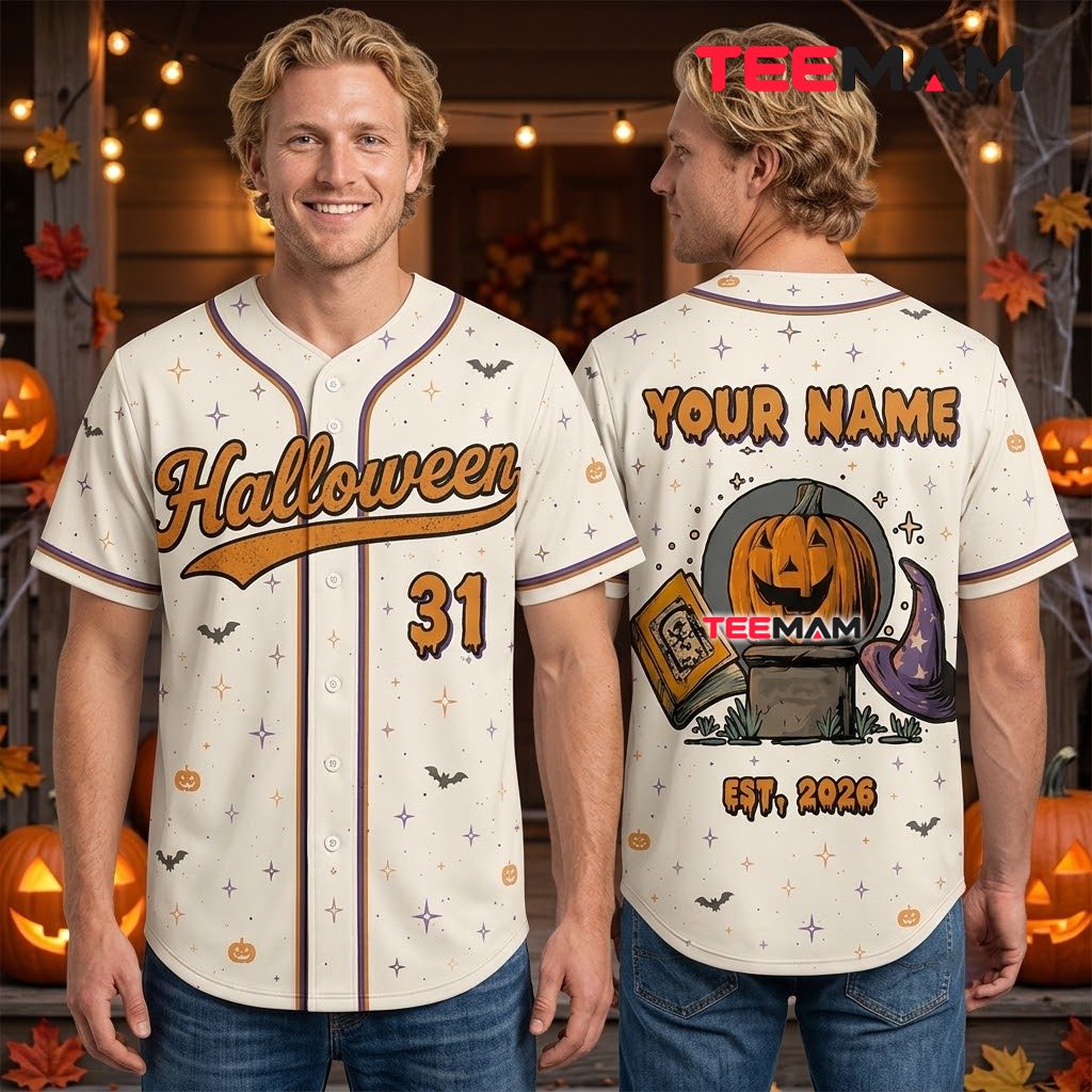 Personalized Halloween Baseball Jersey Pumpkin Witch Hat Cream 2 Personalized Halloween Baseball Jersey Pumpkin Witch Hat Cream 2