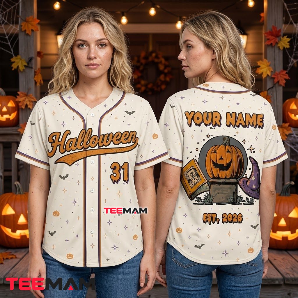 Personalized Halloween Baseball Jersey Pumpkin Witch Hat Cream 3 Personalized Halloween Baseball Jersey Pumpkin Witch Hat Cream 3