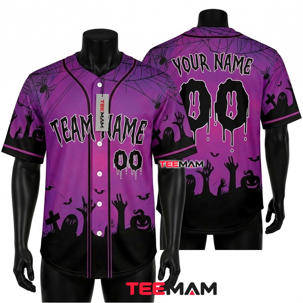 Personalized Halloween Baseball Jersey Rising Hand Graveyard Purple 1