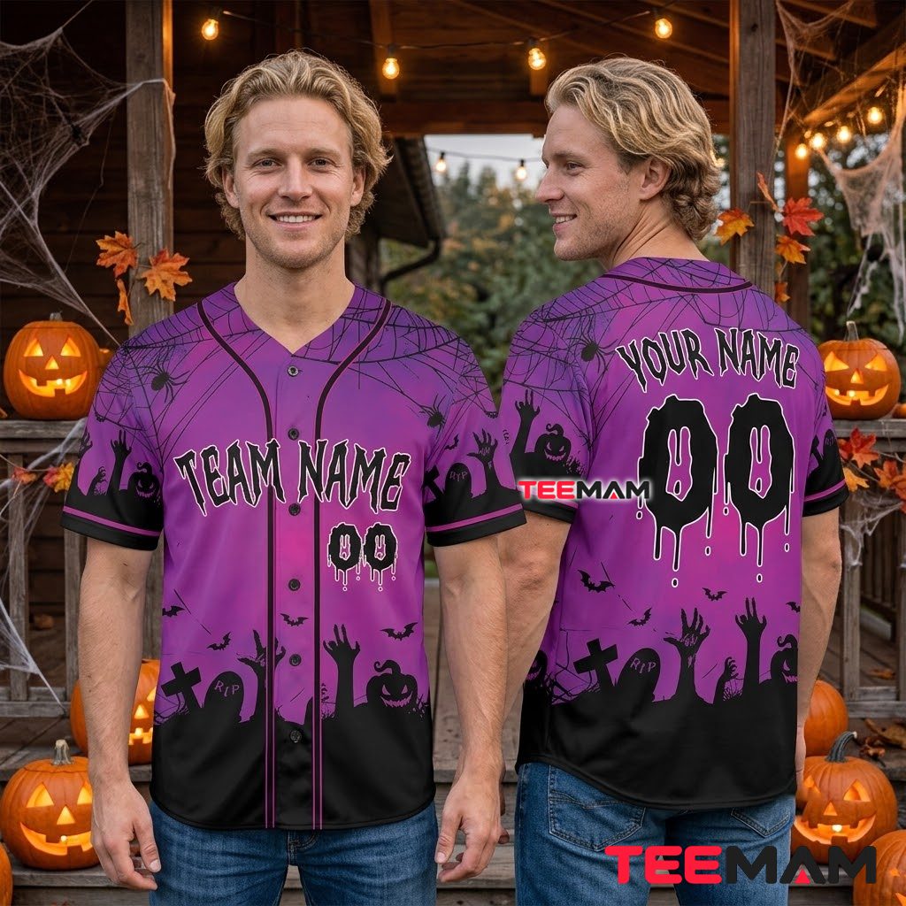 Personalized Halloween Baseball Jersey Rising Hand Graveyard Purple 2 Personalized Halloween Baseball Jersey Rising Hand Graveyard Purple 2