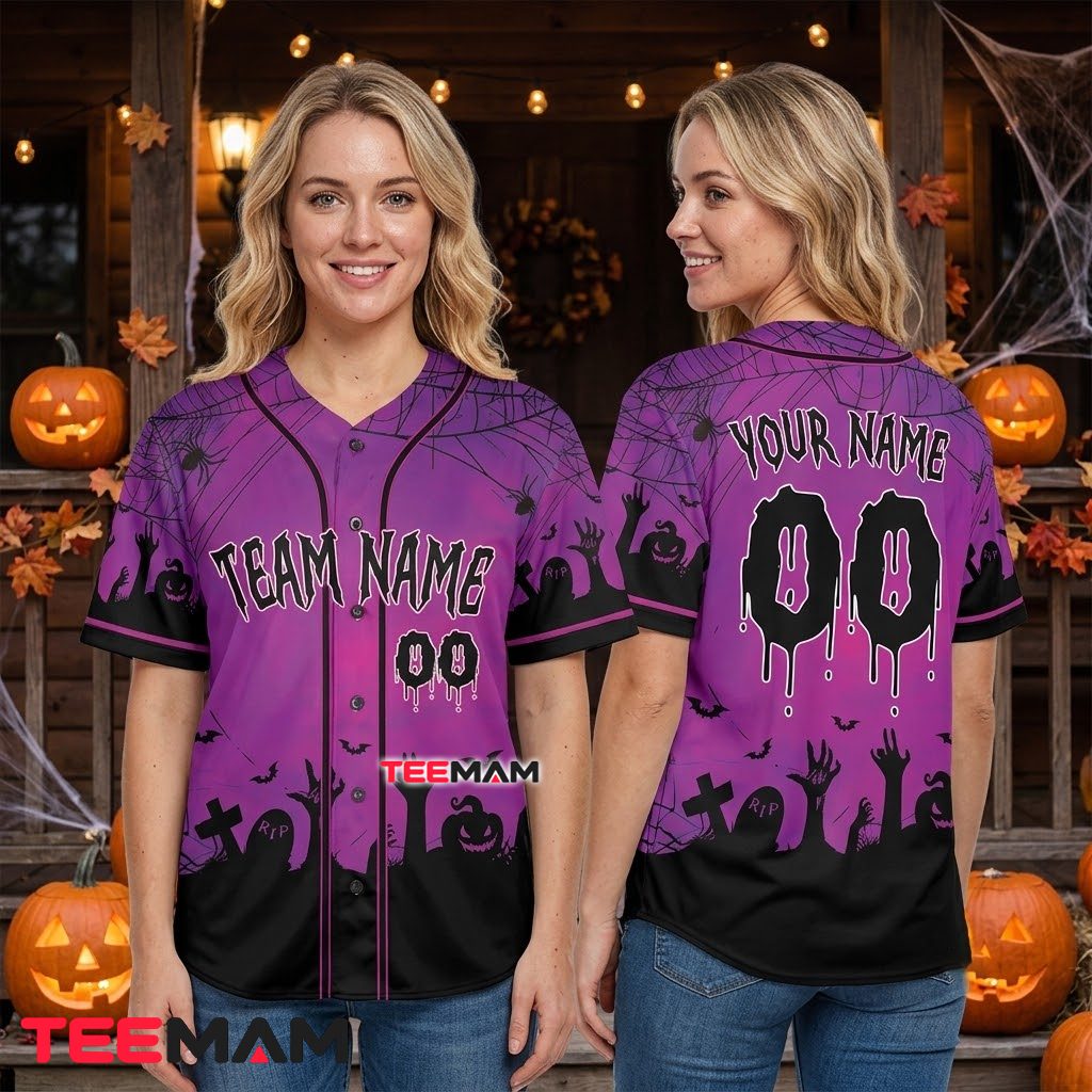 Personalized Halloween Baseball Jersey Rising Hand Graveyard Purple 3 Personalized Halloween Baseball Jersey Rising Hand Graveyard Purple 3