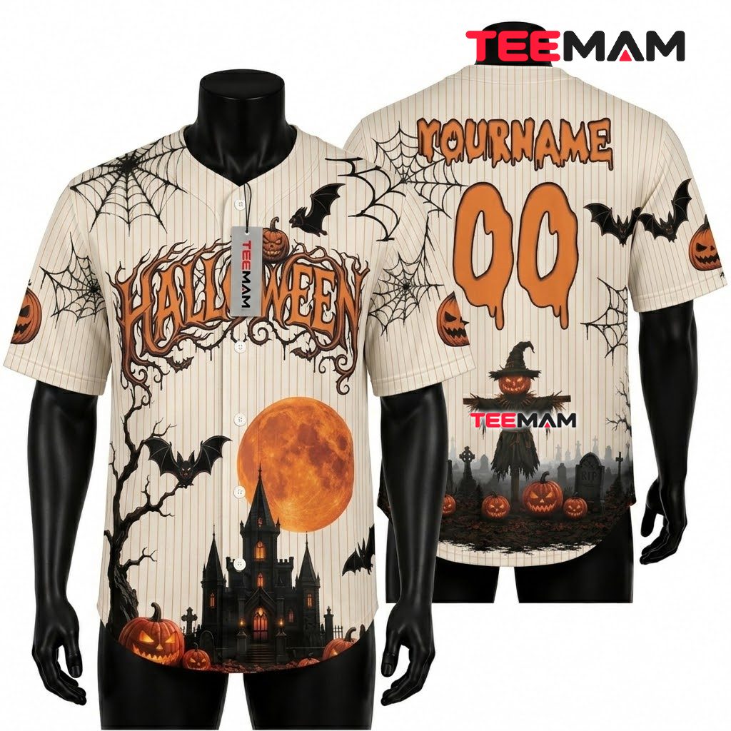 Personalized Halloween Baseball Jersey Scarecrow Graveyard Cream 1