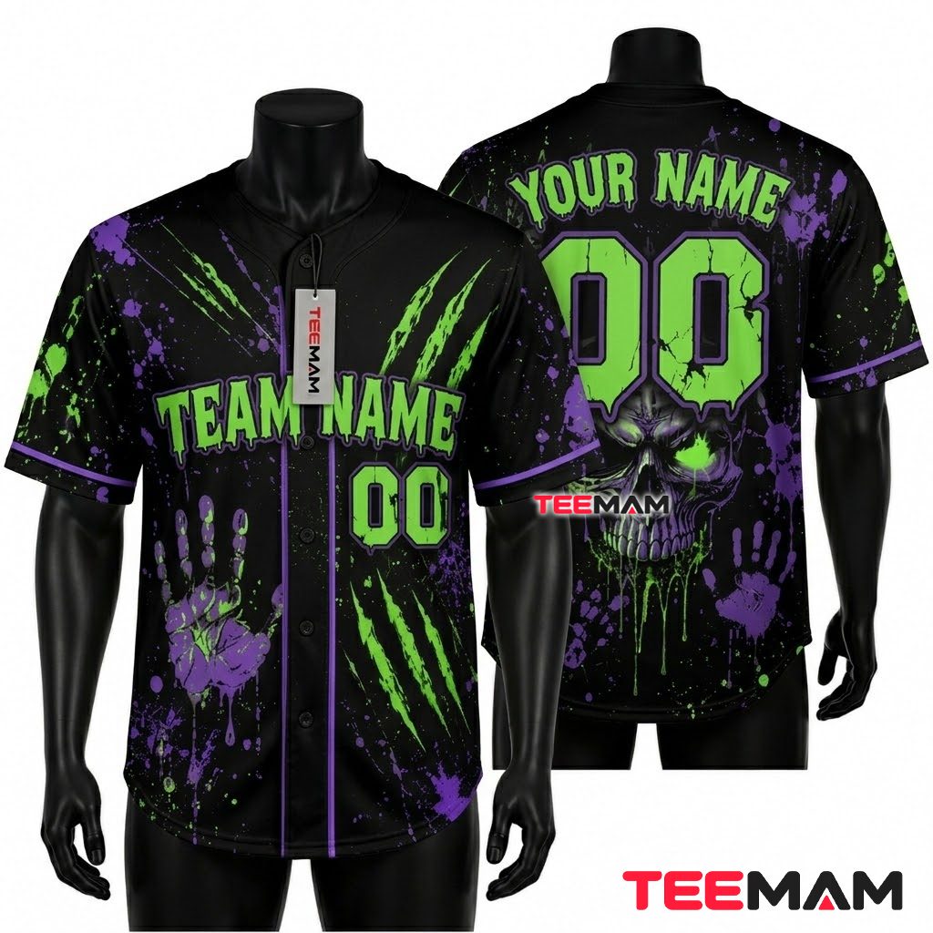 Personalized Halloween Baseball Jersey Skull Claw Green Purple 1