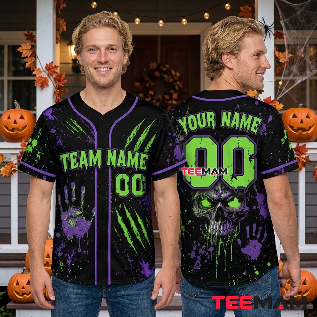Personalized Halloween Baseball Jersey Skull Claw Green Purple 2 Personalized Halloween Baseball Jersey Skull Claw Green Purple 2