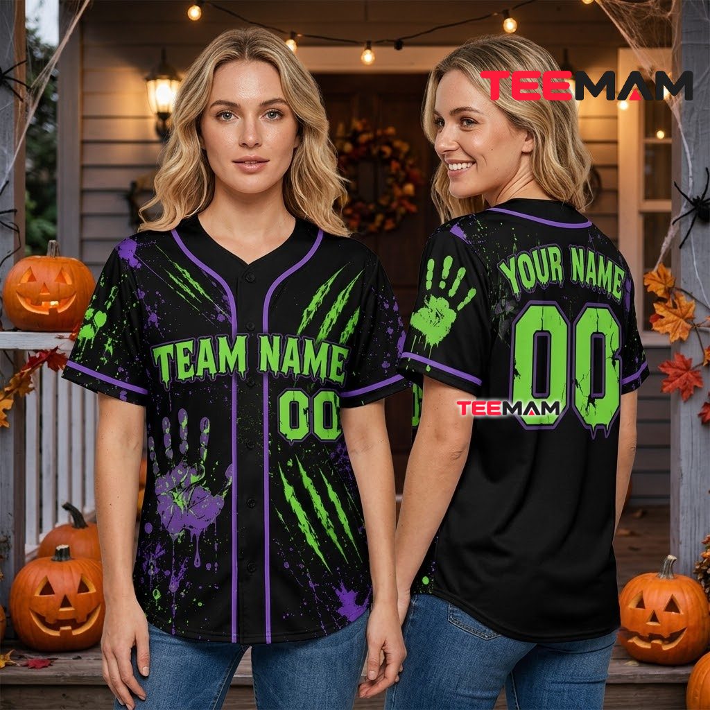 Personalized Halloween Baseball Jersey Skull Claw Green Purple 3 Personalized Halloween Baseball Jersey Skull Claw Green Purple 3