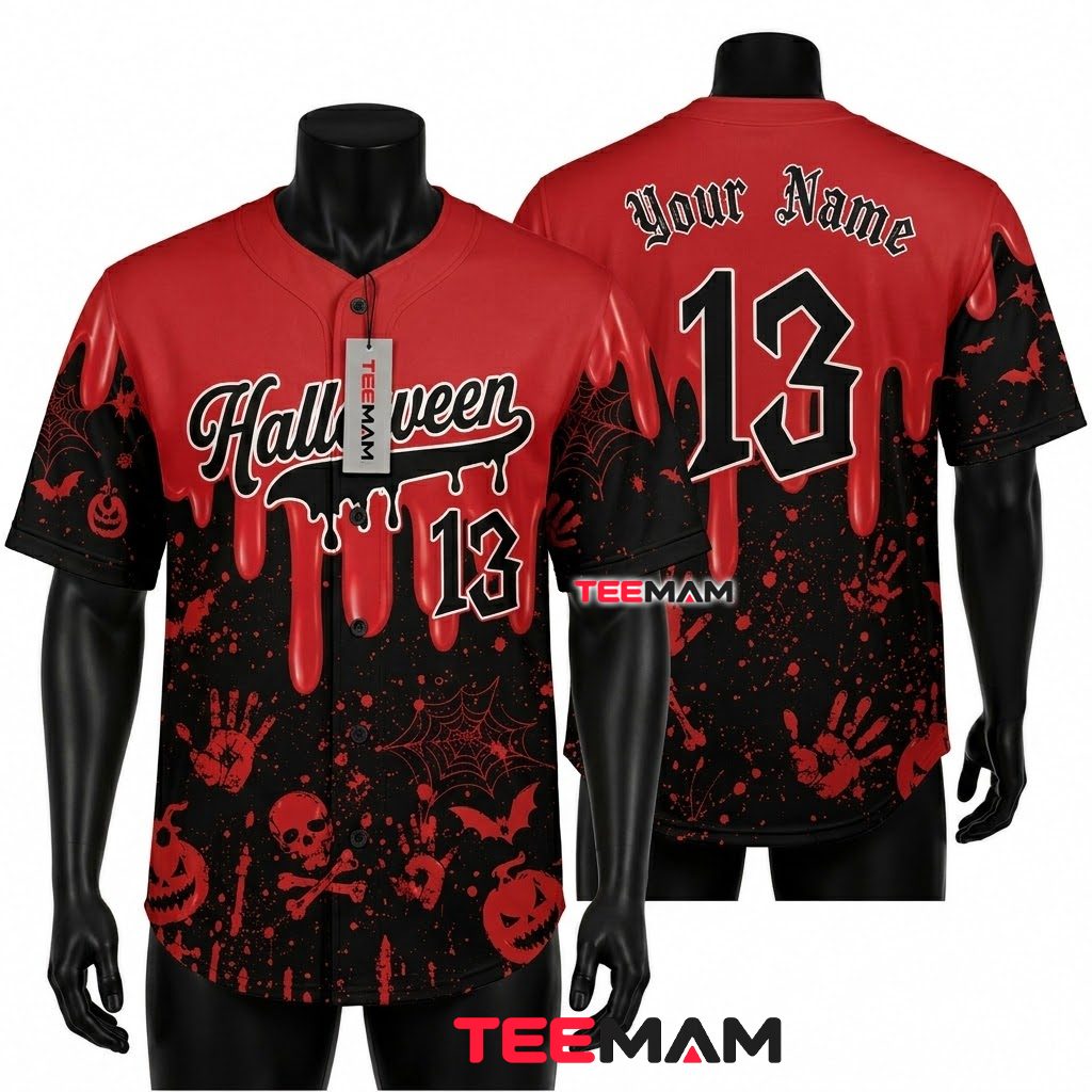 Personalized Halloween Baseball Jersey Skull Handprint Red Black 1