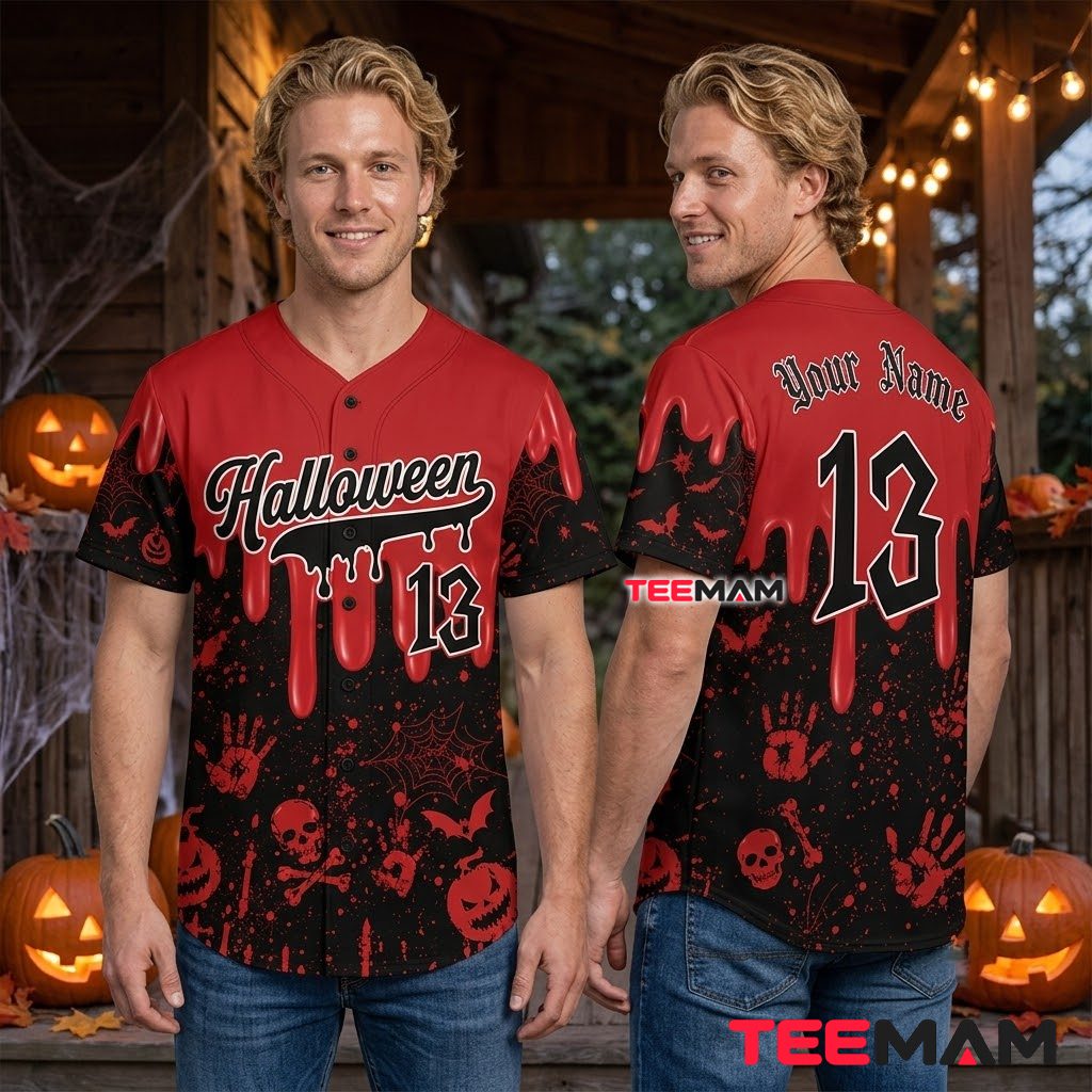 Personalized Halloween Baseball Jersey Skull Handprint Red Black 2 Personalized Halloween Baseball Jersey Skull Handprint Red Black 2