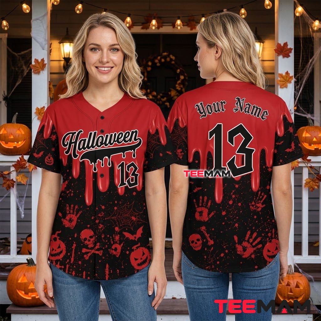 Personalized Halloween Baseball Jersey Skull Handprint Red Black 3 Personalized Halloween Baseball Jersey Skull Handprint Red Black 3