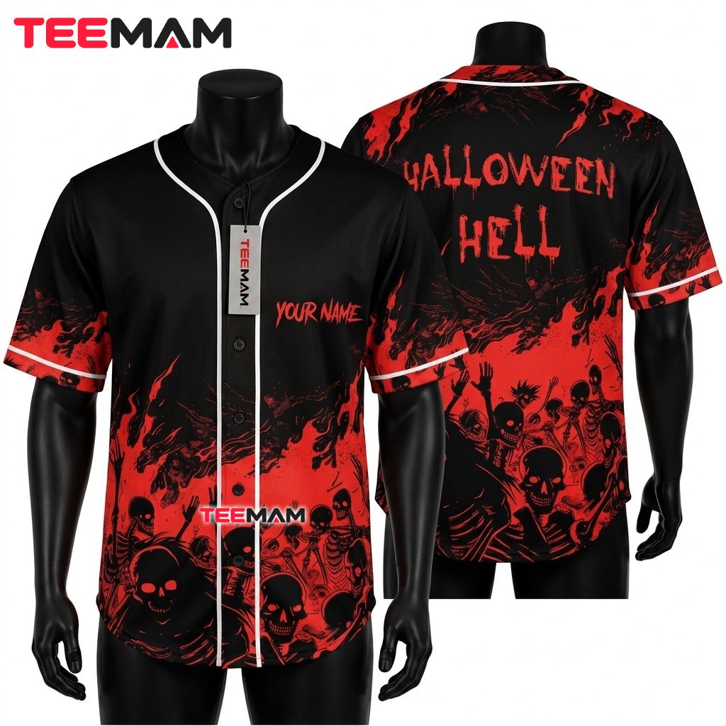 Personalized Halloween Baseball Jersey Skull Hell Red Black 1