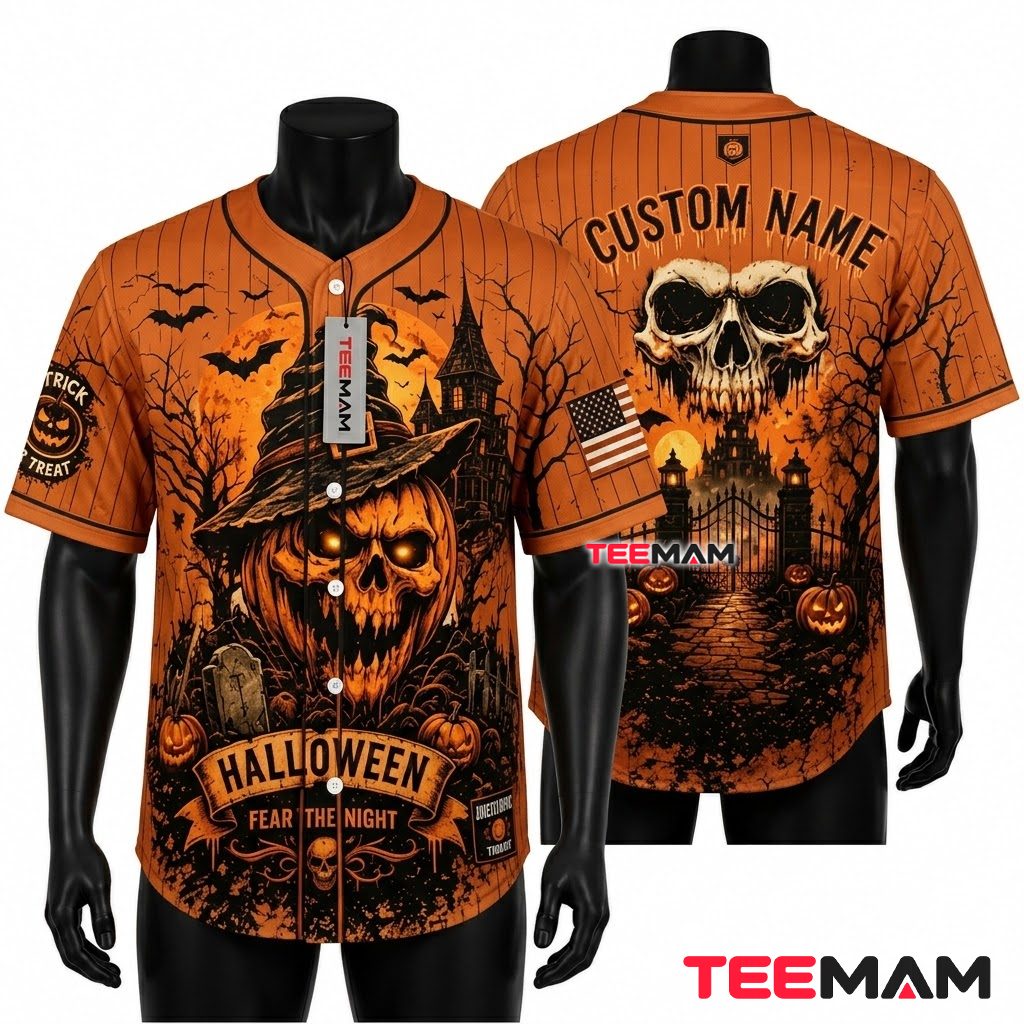 Personalized Halloween Baseball Jersey Skull Witch Hat Orange 1