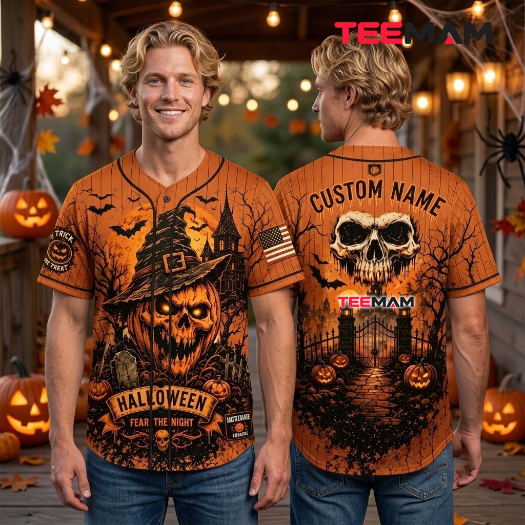 Personalized Halloween Baseball Jersey Skull Witch Hat Orange 2 Personalized Halloween Baseball Jersey Skull Witch Hat Orange 2