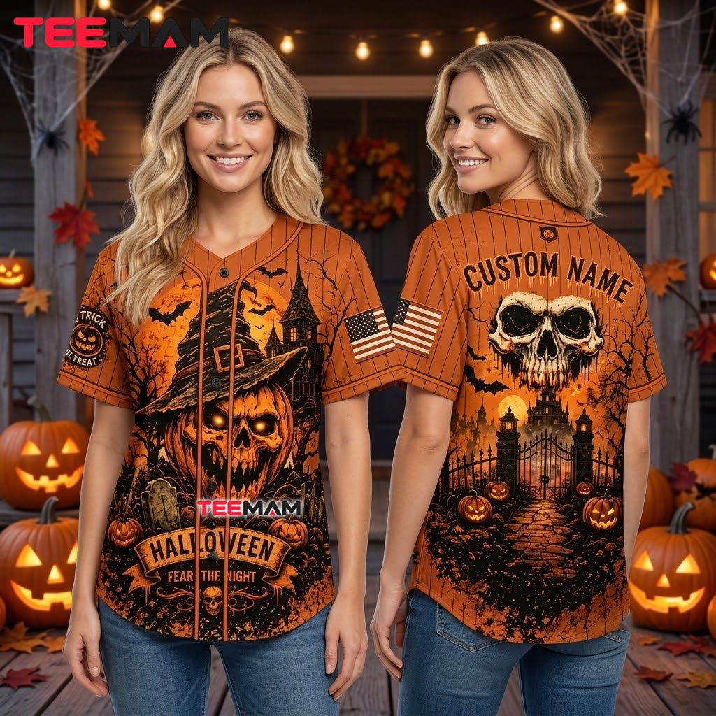 Personalized Halloween Baseball Jersey Skull Witch Hat Orange 3 Personalized Halloween Baseball Jersey Skull Witch Hat Orange 3