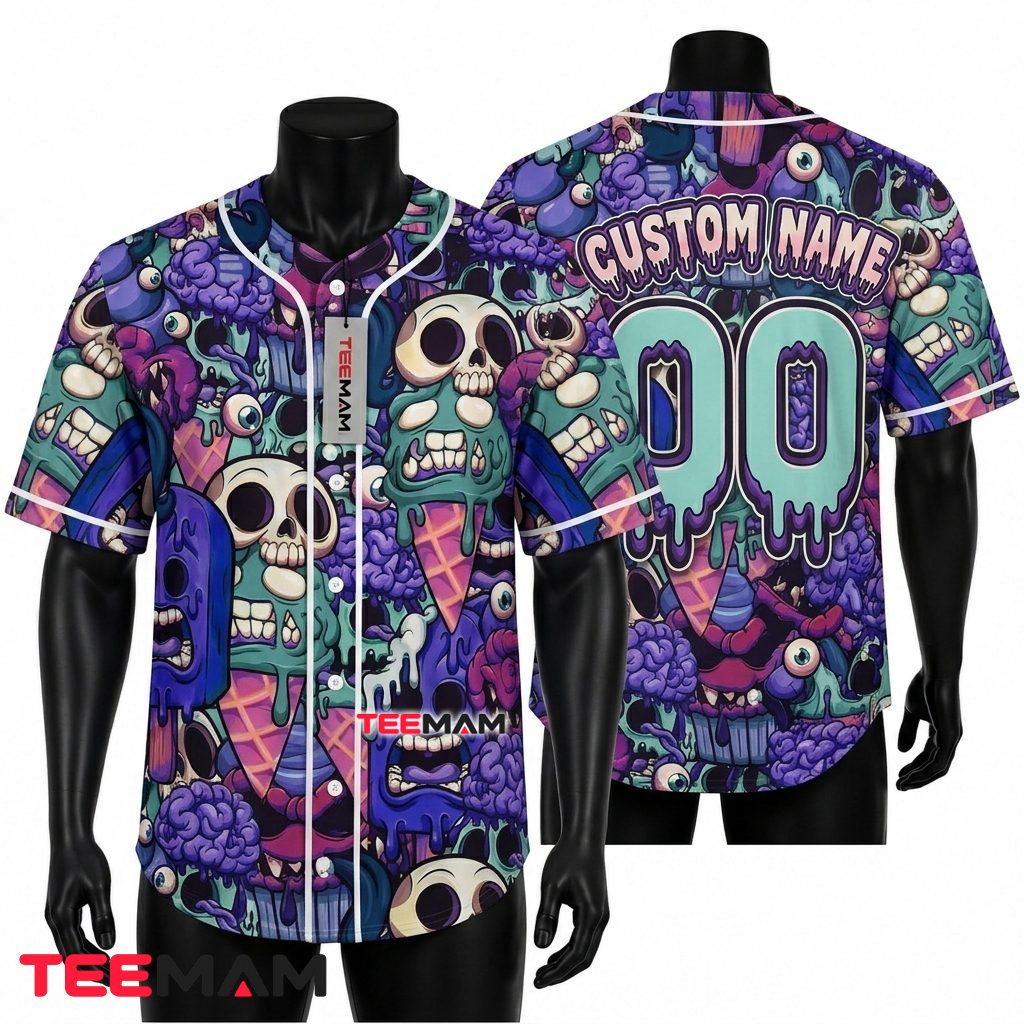 Personalized Halloween Baseball Jersey Zombie Skull Purple Teal 1