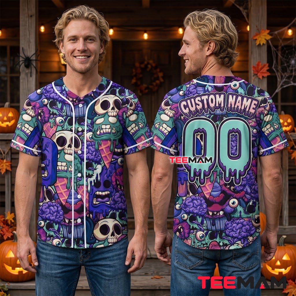 Personalized Halloween Baseball Jersey Zombie Skull Purple Teal 2 Personalized Halloween Baseball Jersey Zombie Skull Purple Teal 2