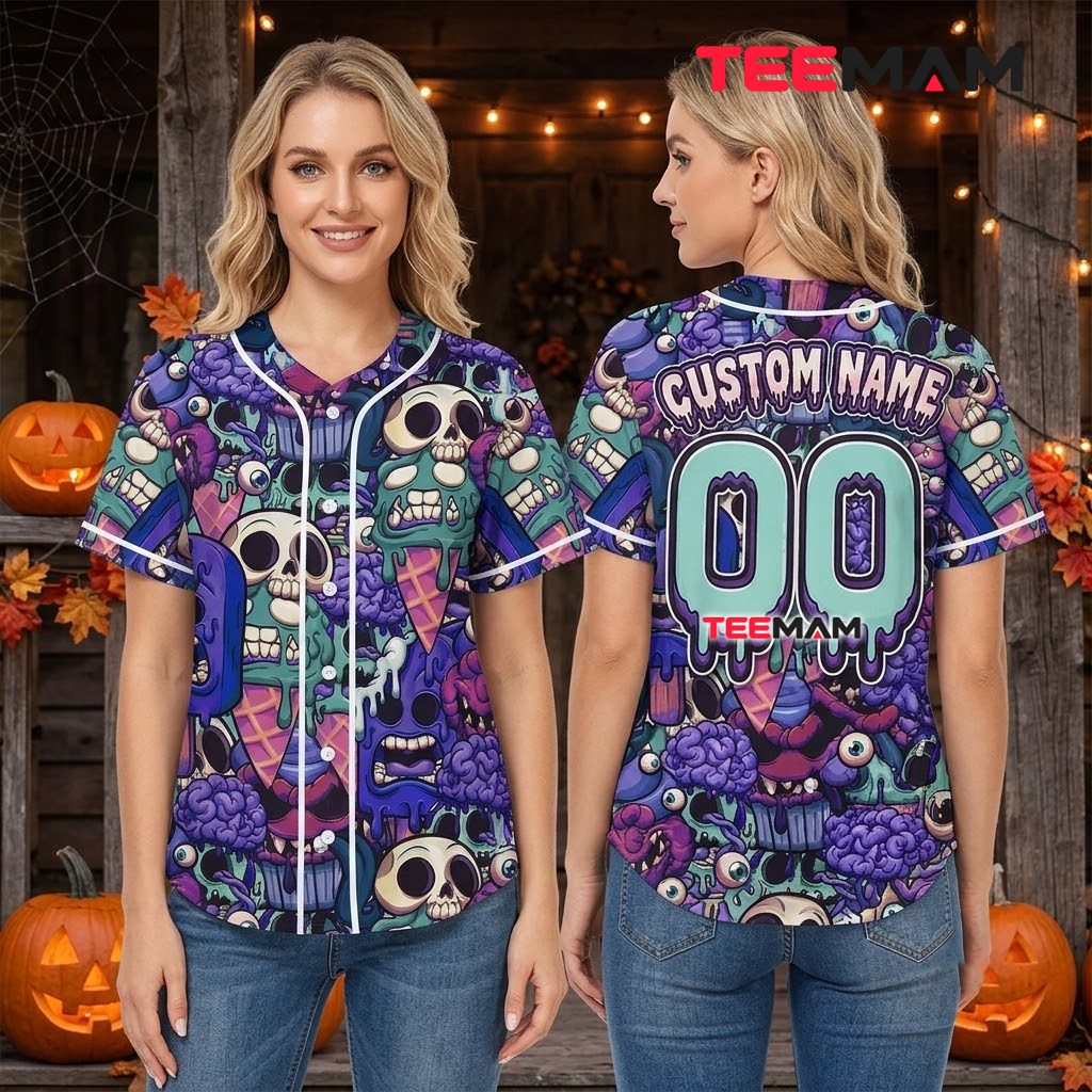 Personalized Halloween Baseball Jersey Zombie Skull Purple Teal 3 Personalized Halloween Baseball Jersey Zombie Skull Purple Teal 3