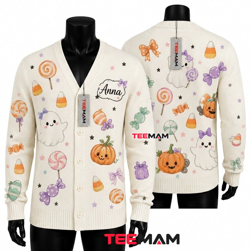 Personalized Halloween Cardigan Ghost Candy Pumpkin Bow Tie 1