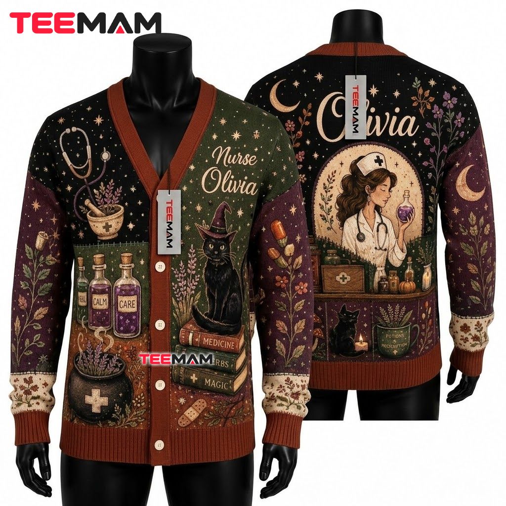 Personalized Halloween Cardigan Nurse Olivia Potion Black Cat 1