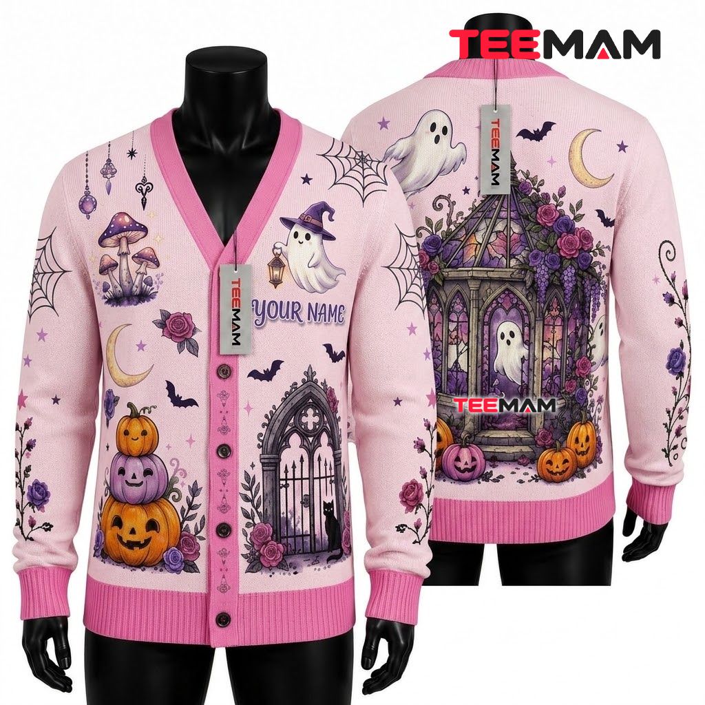 Personalized Halloween Cardigan Pink Gothic Rose Pumpkin 1