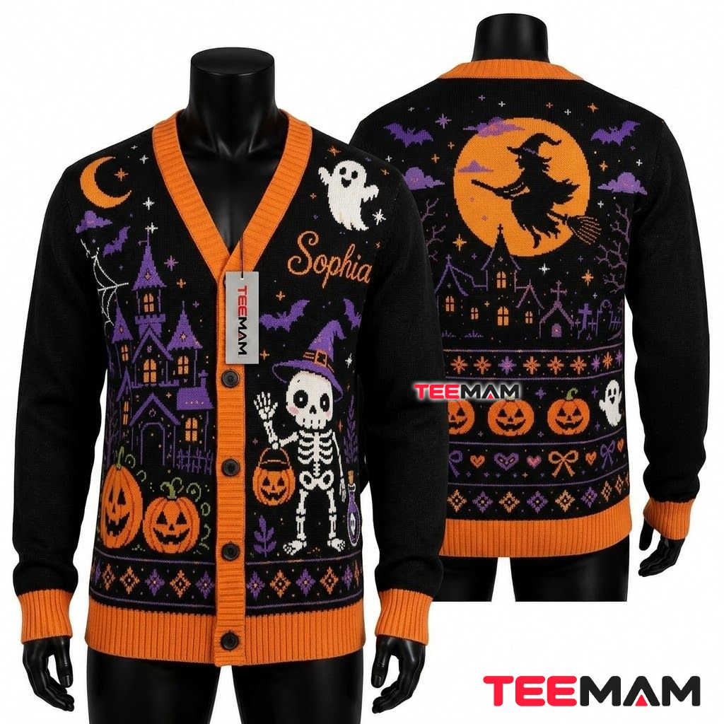 Personalized Halloween Cardigan Skeleton Witch Pumpkin Castle 1