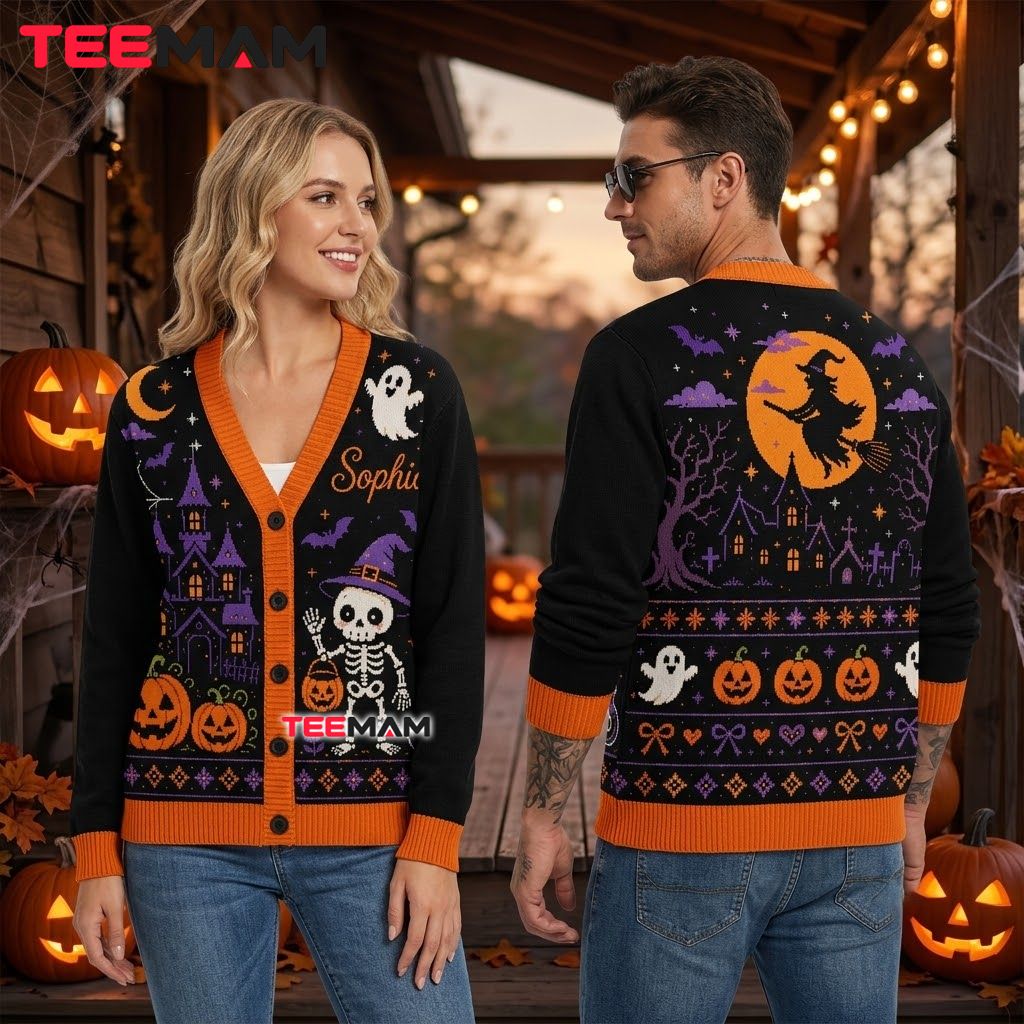 Personalized Halloween Cardigan Skeleton Witch Pumpkin Castle 2 Personalized Halloween Cardigan Skeleton Witch Pumpkin Castle 2