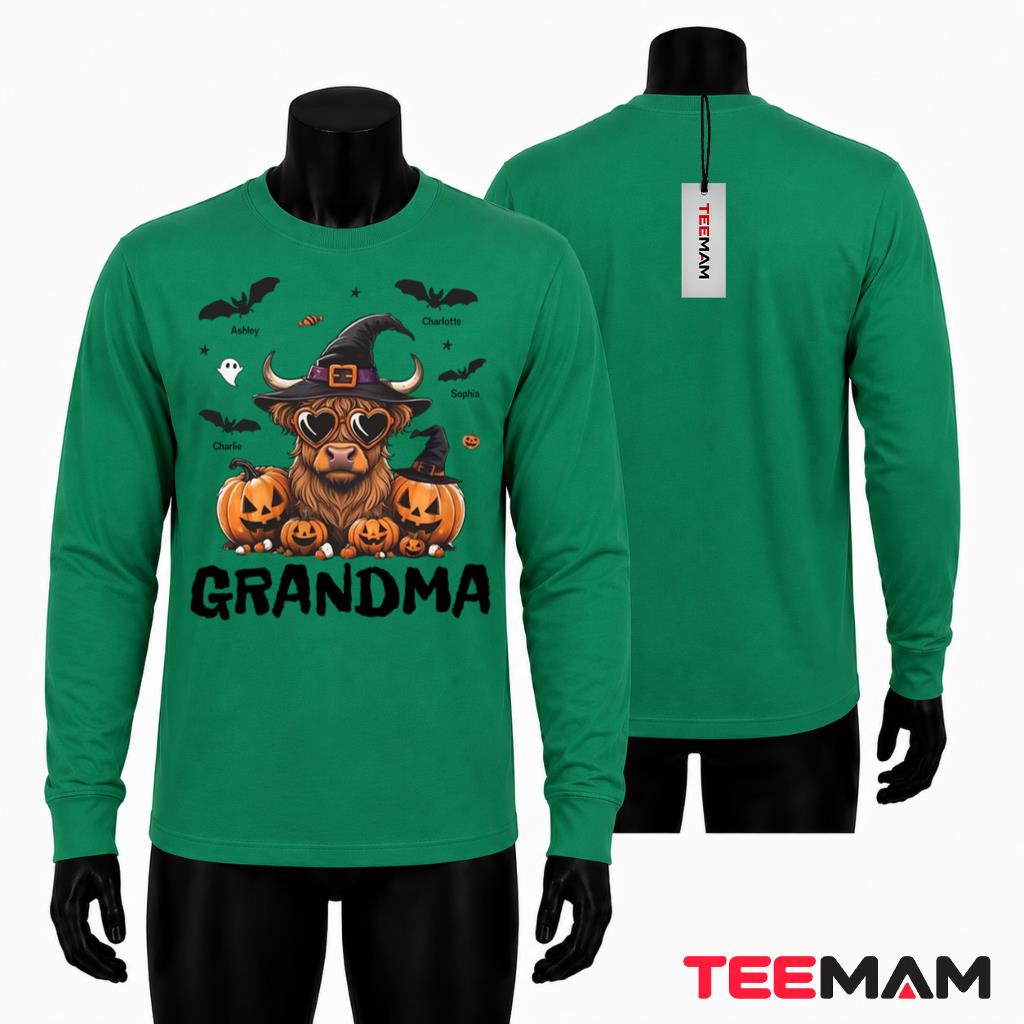 Personalized Halloween Highland Cow Grandma Long Sleeve Spooky Personalized Halloween Highland Cow Grandma Long Sleeve Spooky