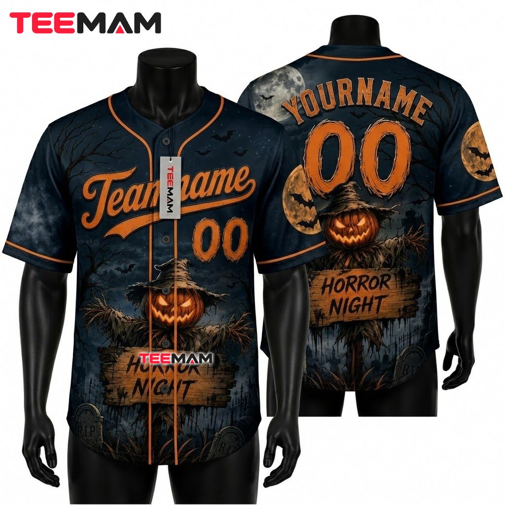 Personalized Horror Night Halloween Baseball Jersey Scarecrow Blue 1