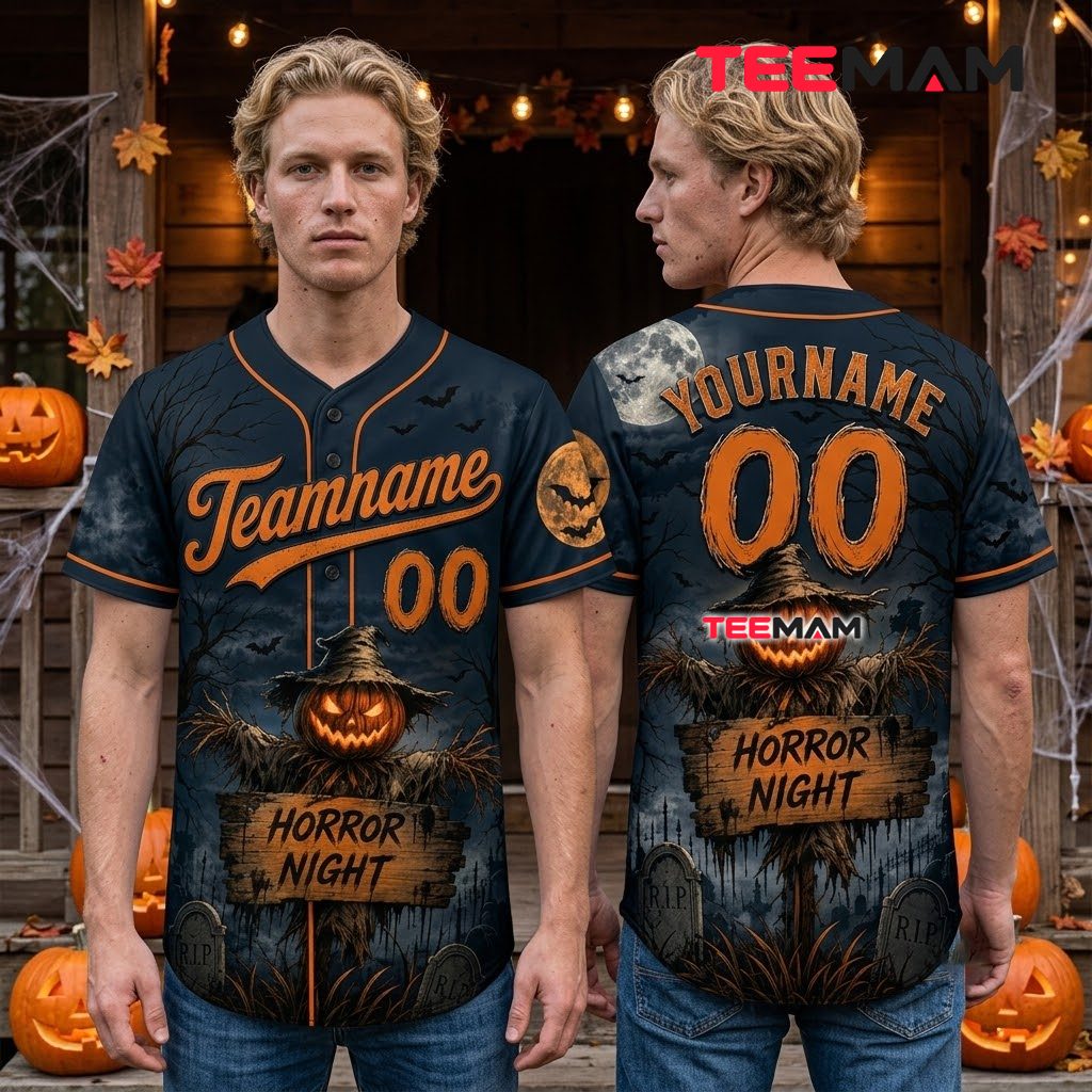 Personalized Horror Night Halloween Baseball Jersey Scarecrow Blue 2 Personalized Horror Night Halloween Baseball Jersey Scarecrow Blue 2