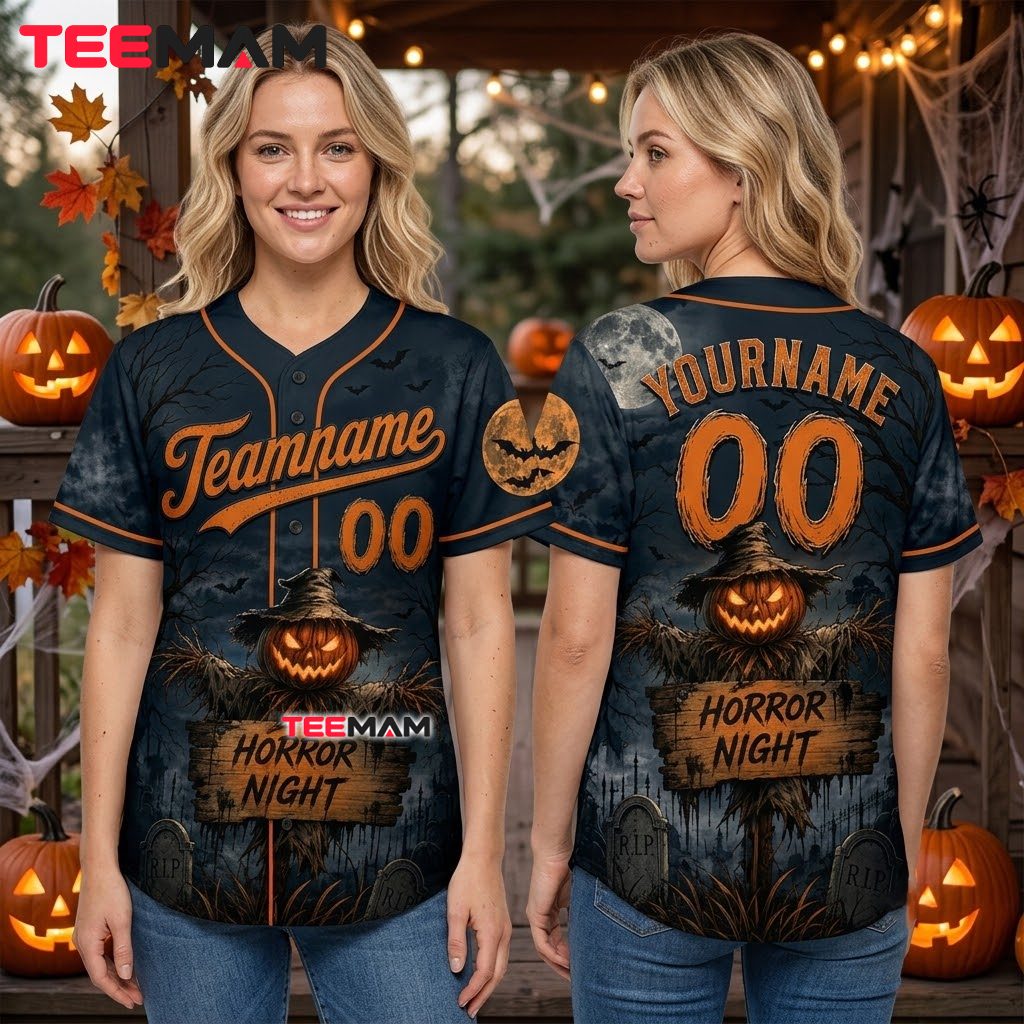 Personalized Horror Night Halloween Baseball Jersey Scarecrow Blue 3 Personalized Horror Night Halloween Baseball Jersey Scarecrow Blue 3
