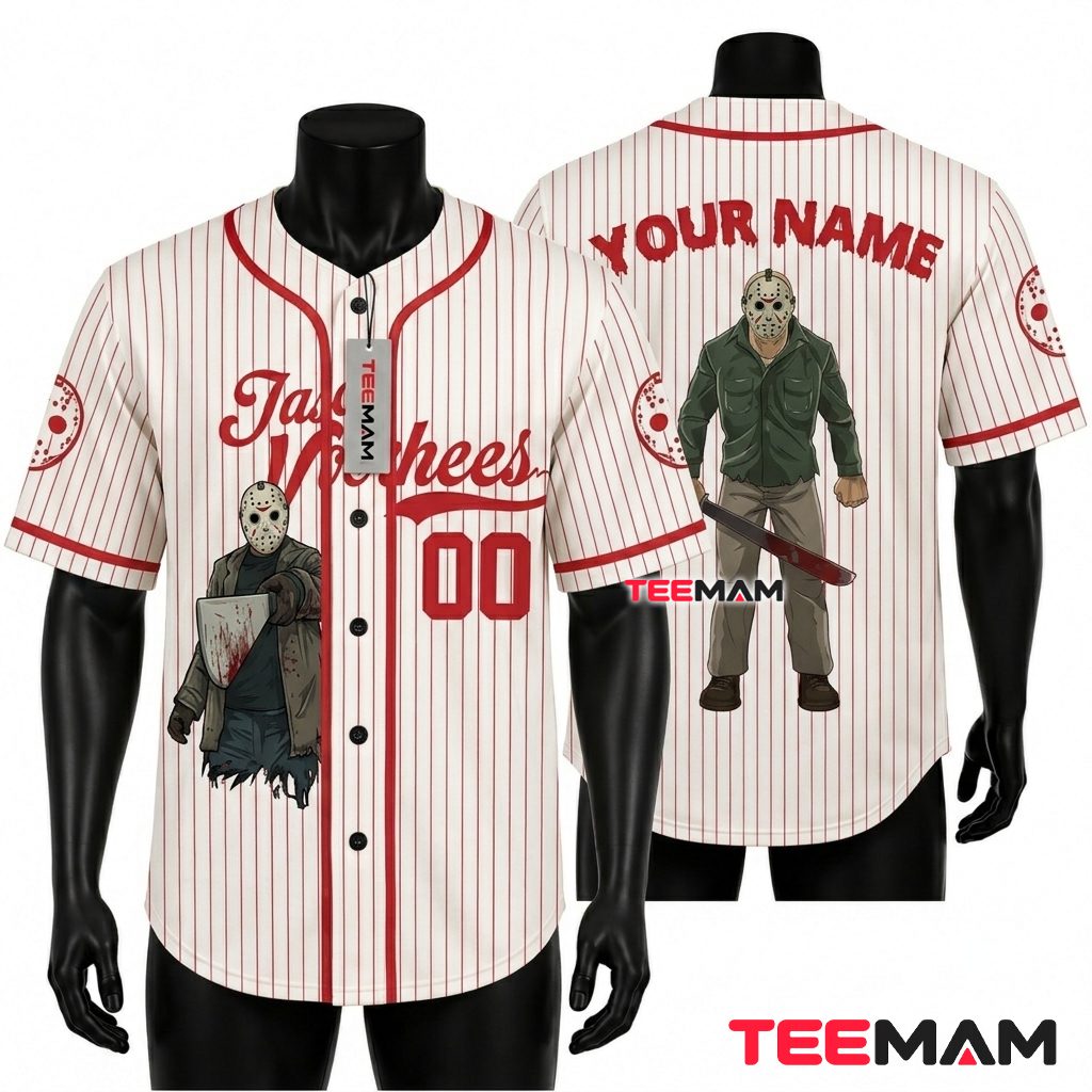 Personalized Jason Voorhees Baseball Jersey Halloween Red White 1