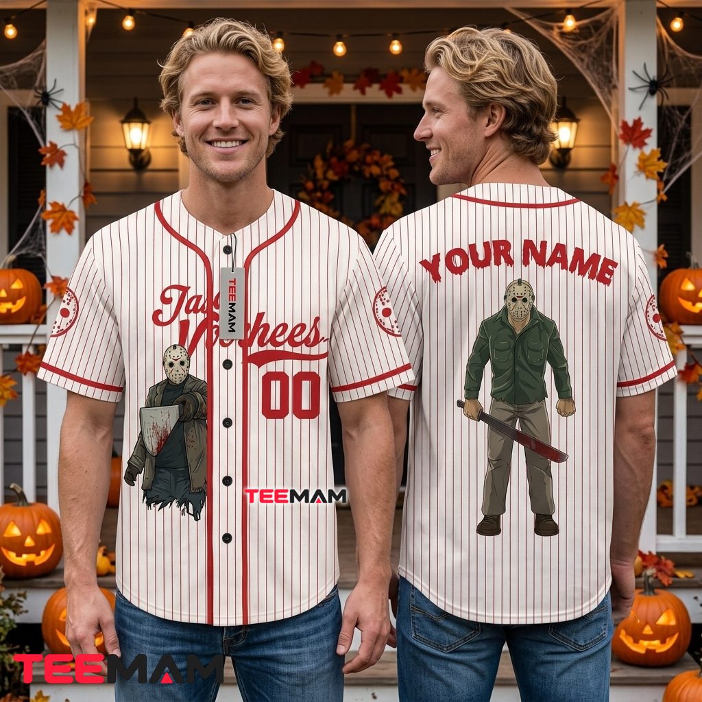 Personalized Jason Voorhees Baseball Jersey Halloween Red White 2 Personalized Jason Voorhees Baseball Jersey Halloween Red White 2