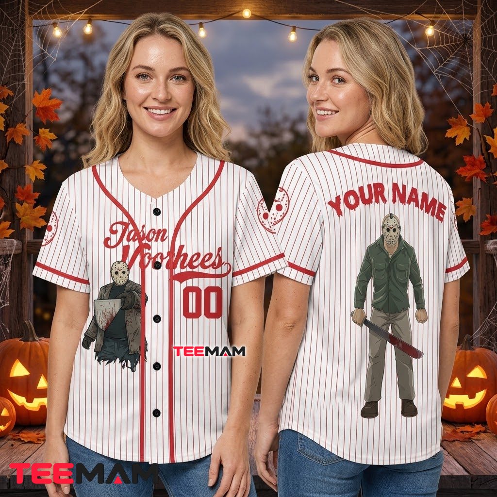 Personalized Jason Voorhees Baseball Jersey Halloween Red White 3 Personalized Jason Voorhees Baseball Jersey Halloween Red White 3