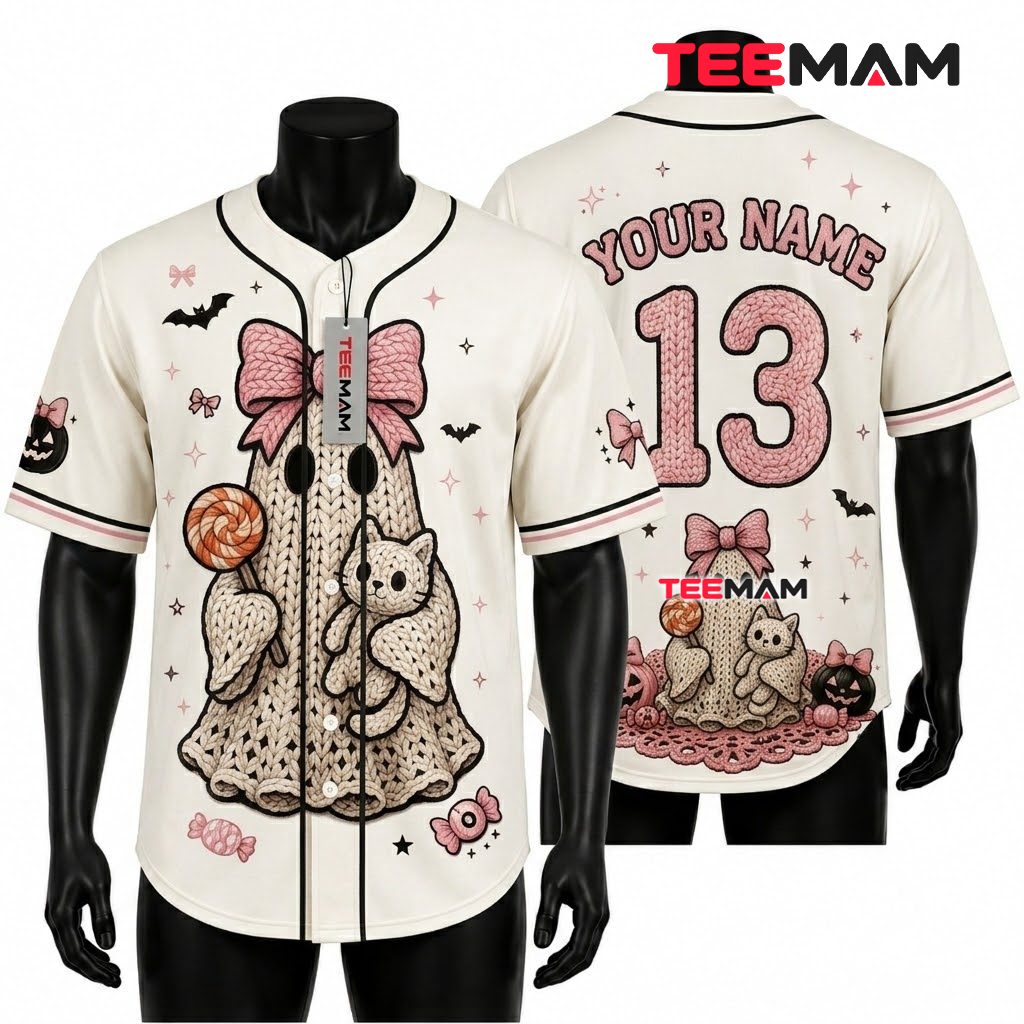 Personalized Knit Ghost Halloween Baseball Jersey Cat Pink 1