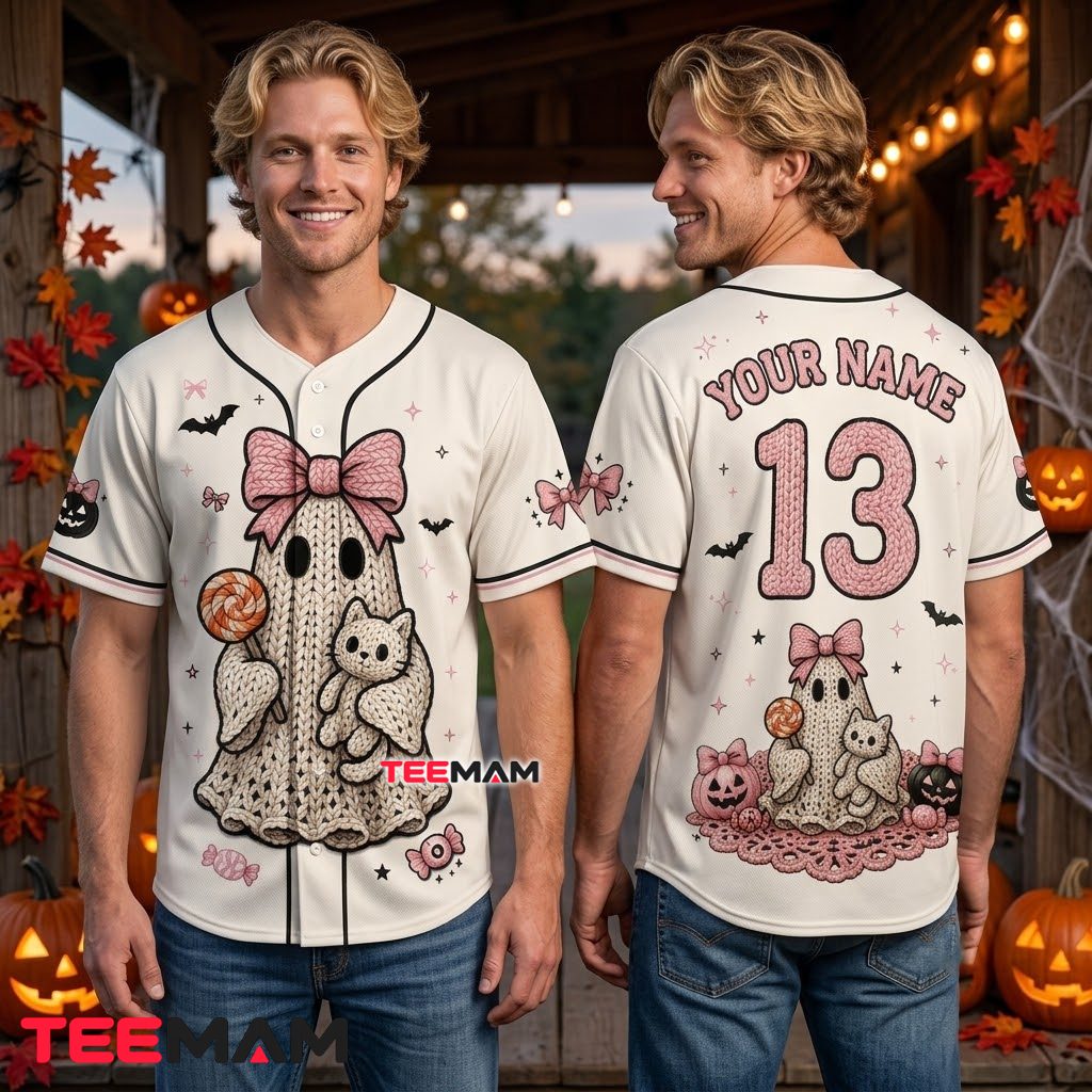 Personalized Knit Ghost Halloween Baseball Jersey Cat Pink 2 Personalized Knit Ghost Halloween Baseball Jersey Cat Pink 2